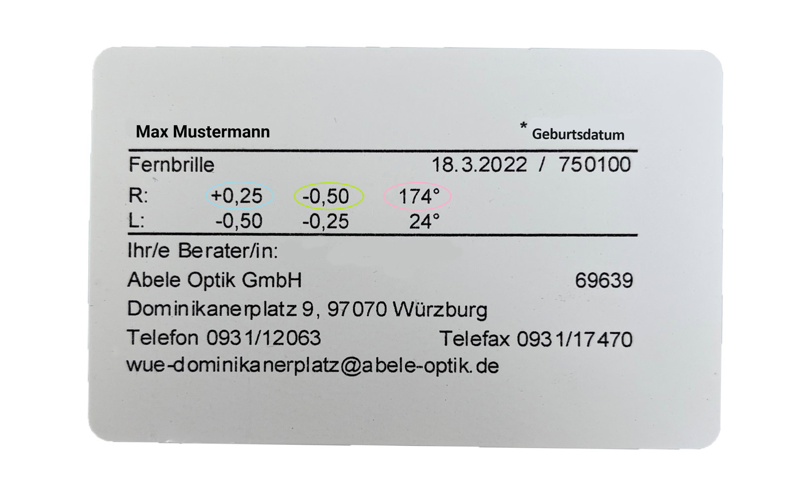 Brillenpass: Beispiel mit Werteangabe im Brillenpass bei abele-optik